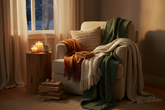 Cozy winter Bible reading setup with mug, blankets, and candles, inviting rest in Jesus and grace-filled reflection during the cold season. 